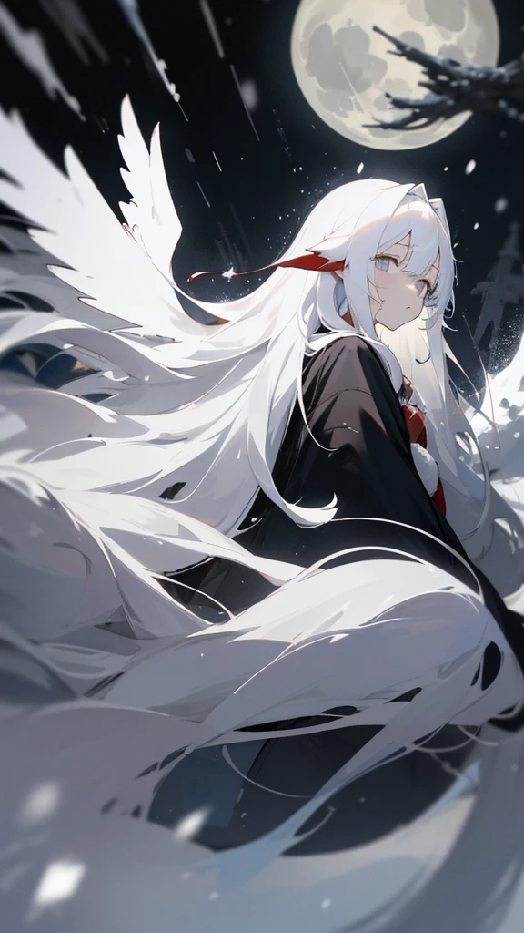 (masterpiece、highest quality)、Very long white hair、Very long white hairの女の1人、Black cardigan、Grim expression、Grey Eyes、Warm lighting、 Blurred foreground、night深く、High Contrast、night、In the city,it&#39;s snowing,Heavy snowfall,winter,Alone in the vast snowy field,whole body,curse,Facing forward,Huge construction,Flying with robot wings,Long Hair,真っ黒なnight,full moon,universe,Princess Kaguya,planet