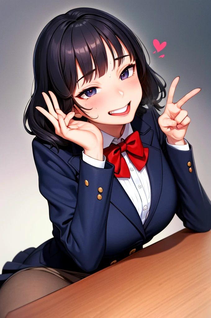 (nsfw),masterpiece,ultra detailed,sharp focus,4k digital art,high resolution,smooth anime,(peace sign,v sign with both hands:1.5),(aroused and blushed:1.5),bukkake,(adult face,curvy female),(face focus:1.2),navy blazer,pleated skirt,bow tie,(black hair,medium straight hair),tongue,at public park,night,night light,(sweaty:1.2),grinning,cum on face,(trembling,flying heart-shapes),(squatting and spreading legs),open mouth,pubic hair