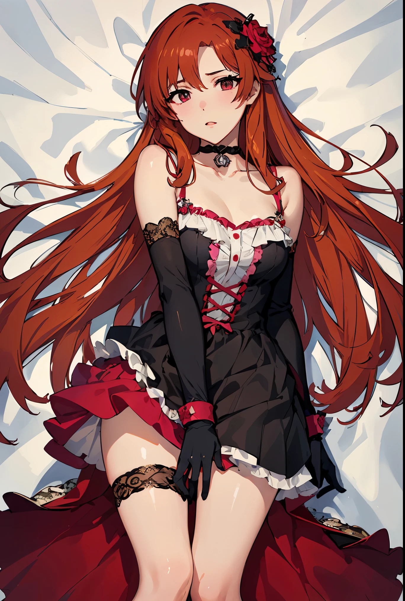 1girl, lisara restall, 
BREAK (black gloves, black gothic dress (idolmaster), black ribbon, black shirt, choker, collarbone, gloves, hair flower, hair ornament:1.2)
BREAK there is a girl on the bed, she is sleepy, full body, dakimakura, lying down,
BREAK ((anime girl)), best quality, expressive eyes, perfect face, (masterpiece), best quality, expressive eyes, perfect face, ((best quality)), ((ultra-detailed)), ((an extremely delicate and beautiful)), perfect eyes, perfect body, ((synmetry eyes)), beautiful eyes, ((thick thighs)), shiny skin, soft skin, ((synmetry body)), ((perfect body)), 