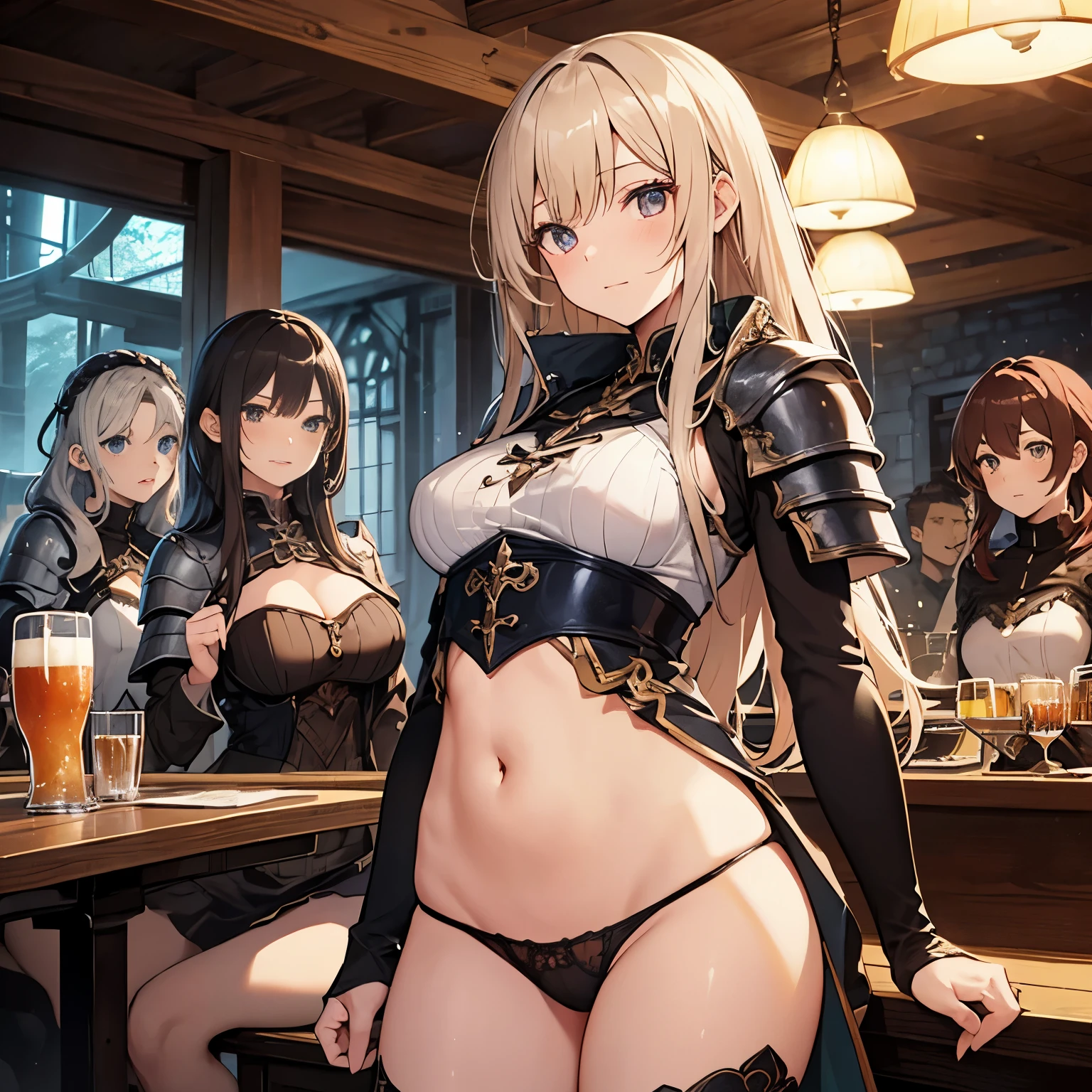 A group of female adventurers set in a medieval fantasy world, (At the pub), Mr.々Hair style, Harem, night, Detailed aspect, Short skirt, Seduce, No sleeve, armor 、showing off panties