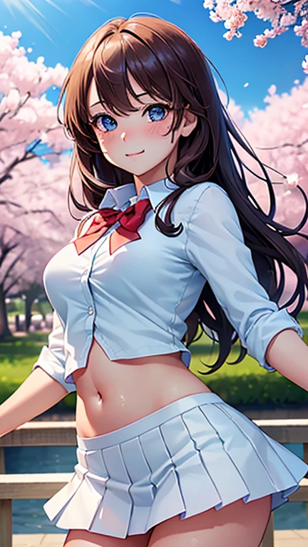 ((masterpiece, highest quality, High resolution, Hyper HD, Pixel perfect, Depth of written boundary, 4K, RTTX 10.0, High resolution))), One girl, single, alone, Beautiful Anime Girls, Beautiful art style, Anime Figures, ((Long Hair, bangs, Brown Hair, Curly Hair:0.8)), ((Light blue eyes:1.4, Round eyes, Beautiful eyelashes, Realistic eyes)), ((Detailed face, Blushing:1.2)), ((Smooth texture:0.75, Realistic texture:0.65, Realistic:1.1, Anime CG Style)), Medium chest, Dynamic Angle, Perfect body, ((viewing angle, Dynamic pose, Portraiture)), ((Red bow tie, , white thin shirt、Belly button, White thin short skirt)), whole body、smile, Open your mouth, amusement park, ((Cherry tree, Cherry blossoms fall)), Natural light, Bright sky, sunlight