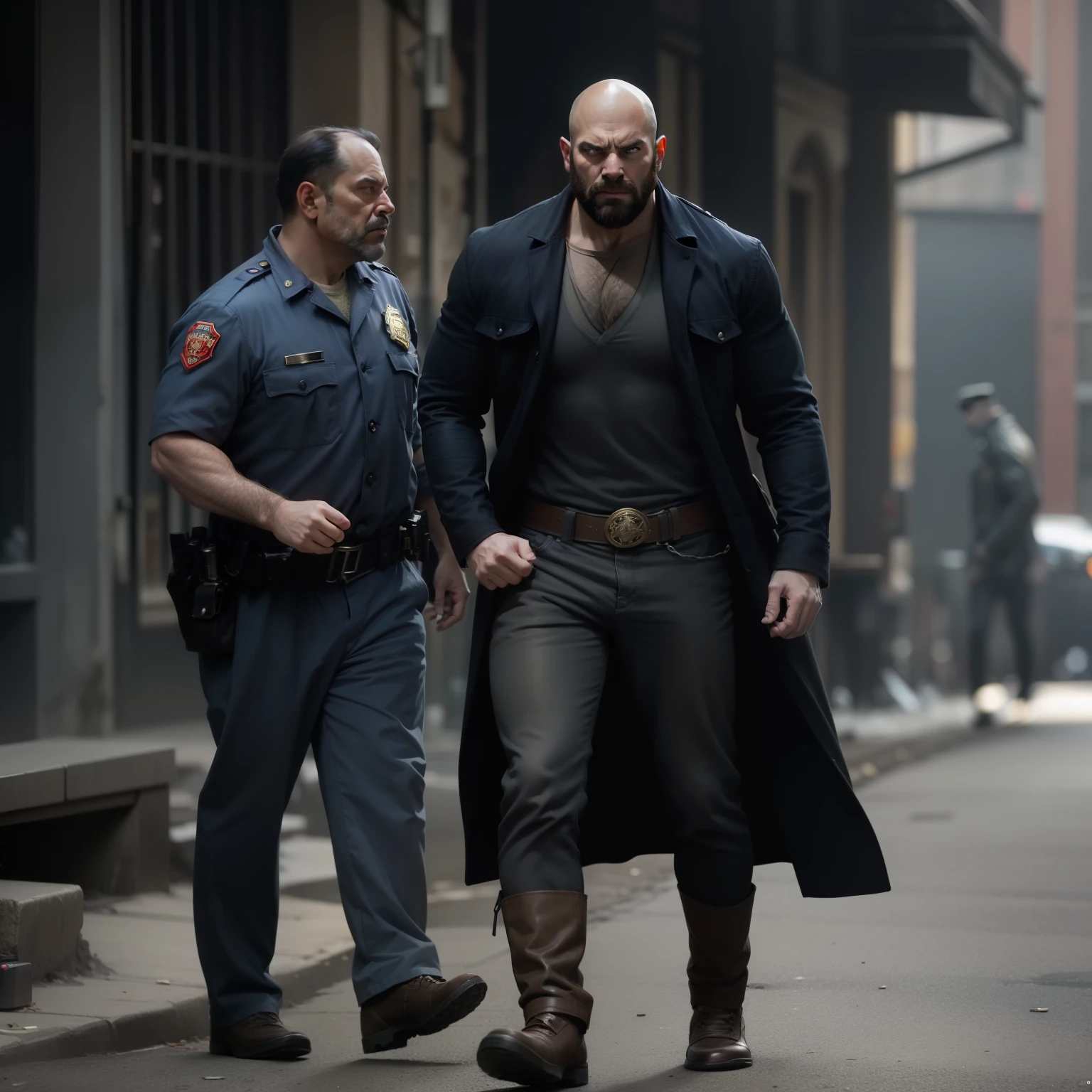 arafed beastly hairy man in a trench coat walking down a street with a cop, 8 k movie still, still from a live action movie, shot from danis villeneuve movie, still image from the movie, menacing look, fox, shot from movie, action scene from the film, action movie still, movie still 8 k