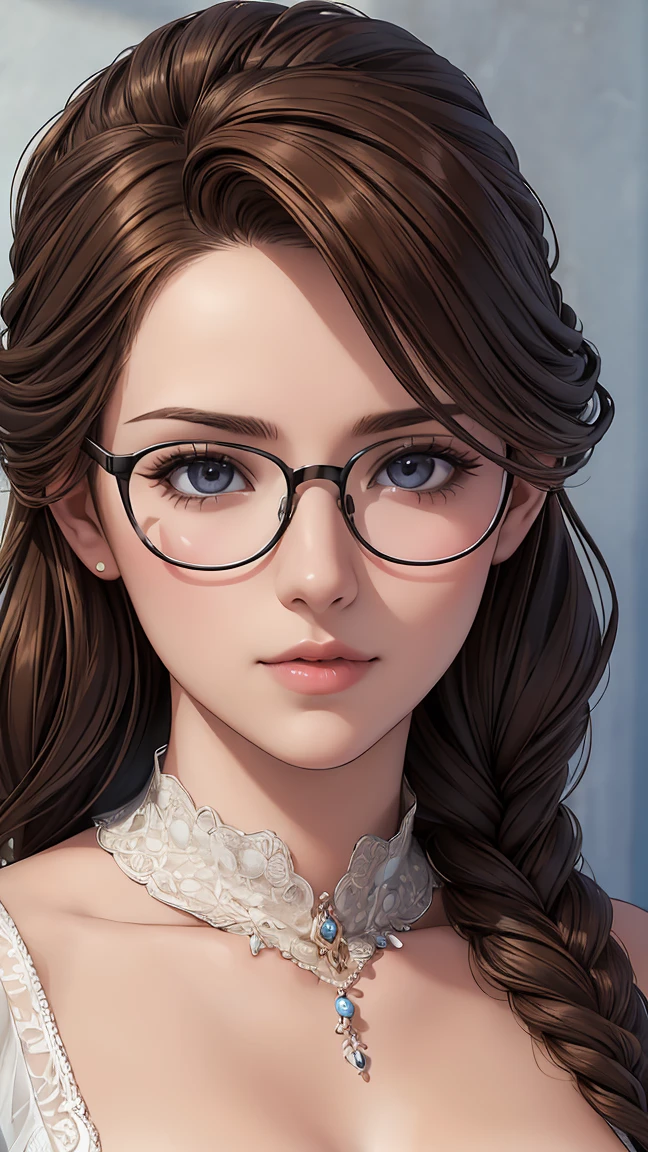 masterpiece, Best Quality, A high resolution, (Photorealistic:1.4), Detailed beautiful face, detailed clothes, Stunning European women, Wearing a detailed dress, Super Cute, nice perfect face with soft skin perfect face, Gorgeous twin braided brown hair, glasses, 8K resolution, Ultra-realistic, Ultra-detailed, high quality