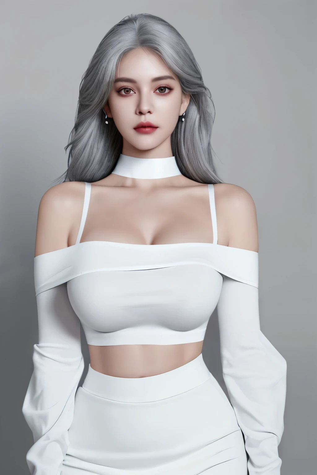 1girl, Beautiful face, (photo realistic:1.4), (high detailed skin:1.3), 8k uhd, dslr, high quality, high resolution, 4k, 8k, absurdres, best ratio four finger and one thumb, (realistic:1.4), little lips, ((Best quality, 8k, 32k, Masterpiece :1.3)), A pretty woman with perfect figure :1.4, Slender abs :1.3, ((ash-grey hair, Big breasts :1.2)), Highly detailed face and skin texture, Detailed eyes, Double eyelid