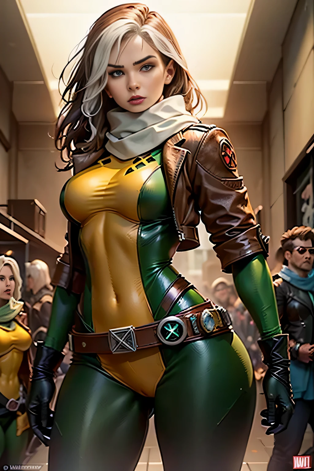 Masterpiece, hd, 8k, ultra detailed, photorealistic !(Rogue is a mutant superhero who has the power to absorb the memories, powers, and characteristics of anyone she touches. Her appearance and wardrobe have varied over the years, but some elements are constant. Rogue has brown hair with a white streak in the front, which is the result of permanently absorbing Ms. Marvel's powers¹. Her eyes are green and she usually wears discreet makeup. His most characteristic wardrobe is a green and yellow bodysuit with a brown leather jacket over it. The suit has a belt with an X and high boots. Rogue also wears gloves to prevent accidental contact with other people. Sometimes Rogue accessorizes her outfit with a scarf, cap, or sunglasses. Rogue has an athletic figure and average height. Their expression is usually confident and defiant, but can also show vulnerability and tenderness. Rogue is a southern belle who has become a leader of the X-Men)