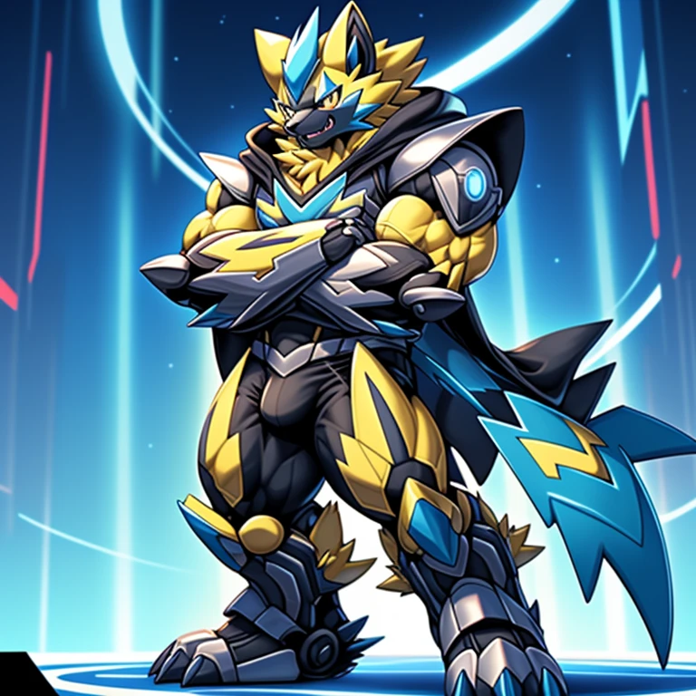 (masterpiece, best quality, detailed:1.2)
(Pokémon)
detailed full body,
glowing wide and heavy armor,
(Pokémon) Zeraora's giant robot. big muscle. GIANT. pecs, triceps, traps, waist narrow.
body full of huge muscles. bulge in the crotch, He wears a black cloak on his back. The cloak is so long that it touches the ground, crossed arms. The claws are sharp,
Sharp teeth, Protecting Zeraora's design and color scheme. bulge in the crotch,
Wearing cyberpunk mecha,
Its full plate armor emphasizes the muscles.
glowing wide and heavy armor,
He wears the same armor as himself from head to foot.
a furry hero.