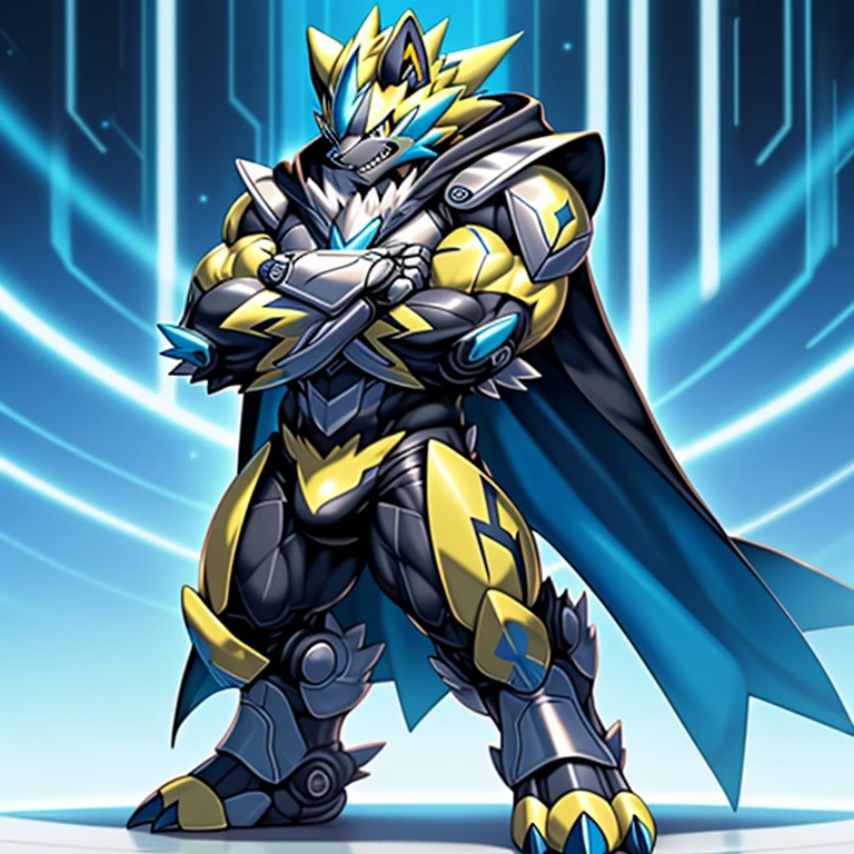 (masterpiece, best quality, detailed:1.2)
(Pokémon)
detailed full body,
glowing wide and heavy armor,
(Pokémon) Zeraora's giant robot. big muscle. GIANT. pecs, triceps, traps, waist narrow.
body full of huge muscles. bulge in the ??????, He wears a black cloak on his back. The cloak is so long that it touches the ground, crossed arms. The claws are sharp,
Sharp teeth, Protecting Zeraora's design and color scheme. bulge in the ??????,
Wearing cyberpunk mecha,
Its full plate armor emphasizes the muscles.
glowing wide and heavy armor,
He wears the same armor as himself from head to foot.
a furry hero.