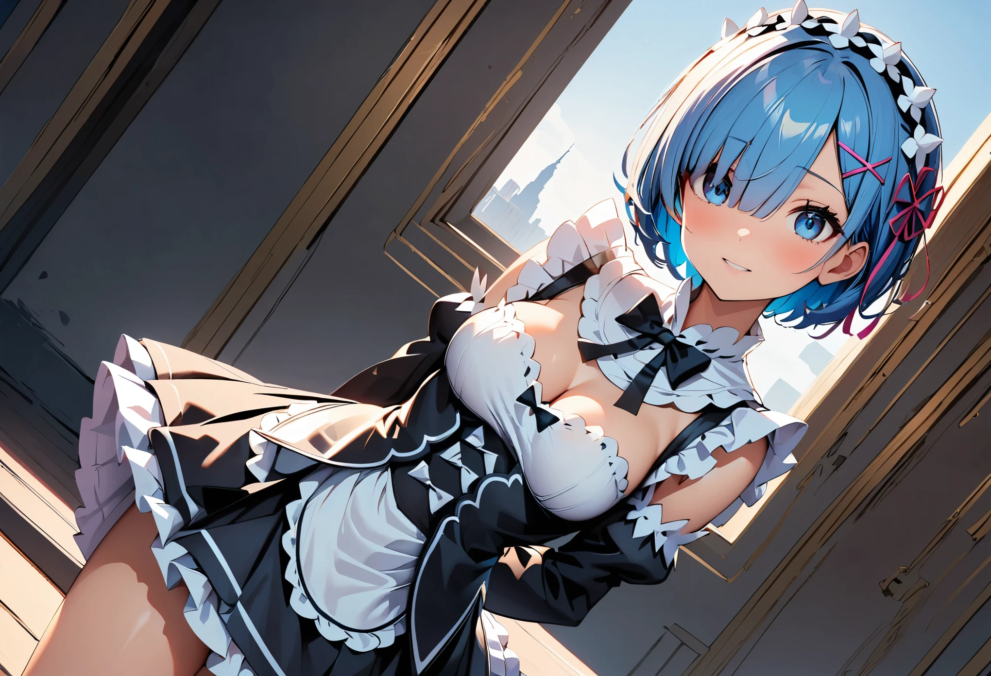 (highest quality:1.2, Very detailed, Latest, Vibrant, Super Detail, Ultra-high resolution, High Contrast, masterpiece:1.2, highest quality, Best aesthetics, aya:0.9), alone, (1 female), rem, blue eyes, blue hair, hair ornament, hair over one eye, hair ribbon, short hair, x hair ornament, nayutaren, blue hair, roswaal mansion maid uniform, Dynamic Angle, Random Pause, Very detailedな顔と肌の質感, Cowboy Shot,