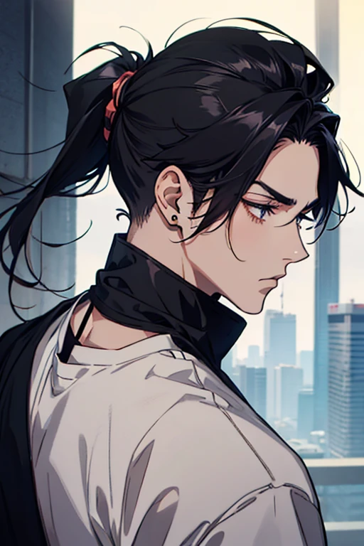 anime man gradient anime young black hair ponytail low back shaved on the sides turns the hair to the left side in the middle serious face with black earrings sweatshirt big hair