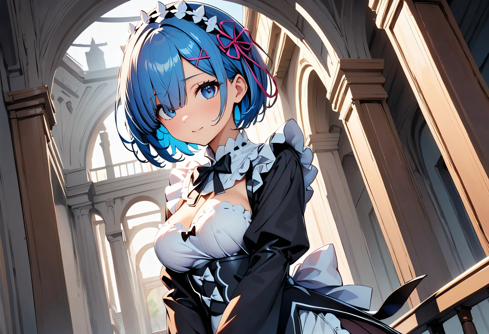 (highest quality:1.2, Very detailed, Latest, Vibrant, Super Detail, Ultra-high resolution, High Contrast, masterpiece:1.2, highest quality, Best aesthetics, aya:0.9), alone, (1 female), rem, blue eyes, blue hair, hair ornament, hair over one eye, hair ribbon, short hair, x hair ornament, nayutaren, blue hair, roswaal mansion maid uniform, Dynamic Angle, Random Pause, Very detailedな顔と肌の質感, Cowboy Shot,