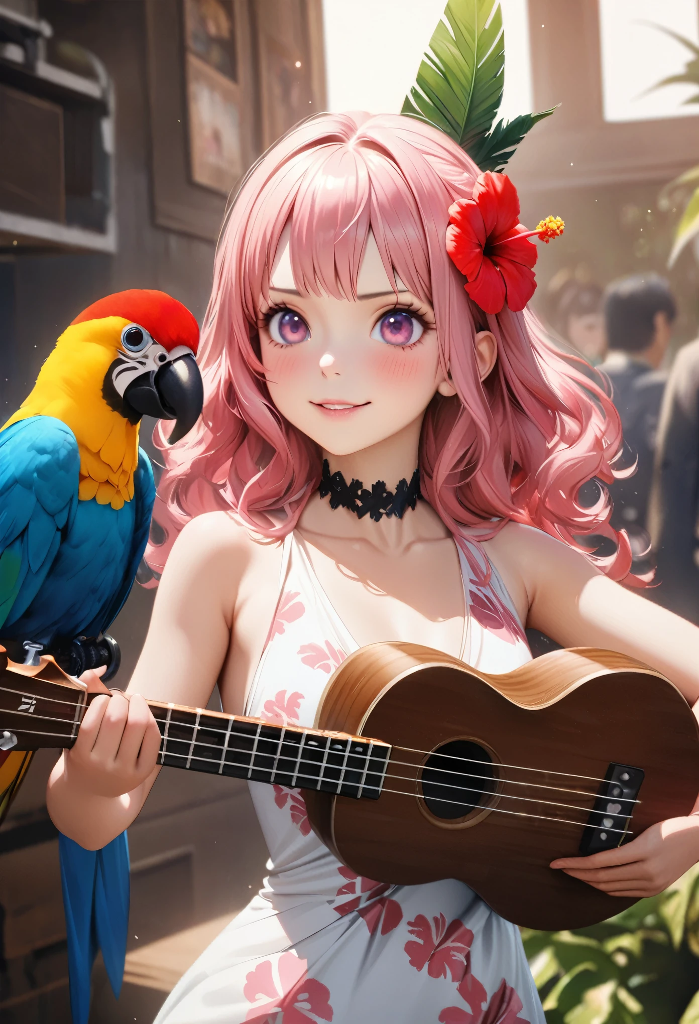 masterpiece, 最high quality, expensively detailed, expensive resolution, an expensive resolution, expensive resolution, 4K, 8k, unity 8k wallpaper, expensively detailed cg, masterpiece, Realistic, Beautiful details, depth, Fine texture, high quality: 1.3, Total concentration, Crisp skin, he, Very cute anime, Cute like an idol, Tall and long pink hair, One Girl, Aloha One Piece,Playing the ukulele and singing、Colorful parrots、 greeting, Hibiscus Hair Accessories, smile, long pink hair, whole body , mole under his eye, Line Sight, expensive, blush, Lips parted, heart, Pink Eyes, choker