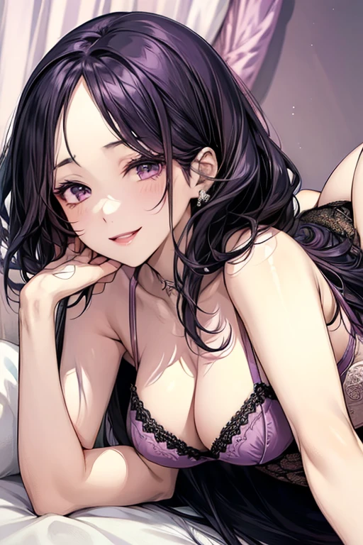 (((pink lingerie))), (((black hair,))), long hair, (((purple eyes))),(((forehead))), sexy, large breasts, beautiful body, masterpiece, smile, hotel bedroom ,busty, buxom, curvy, voluptuous,Sexual Intercourse