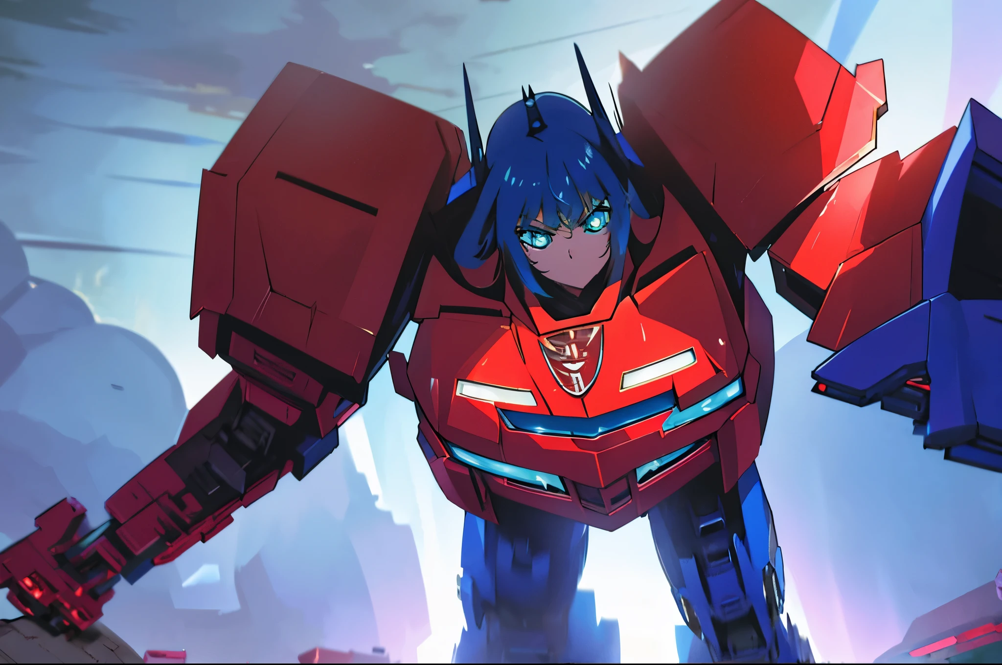 Optimus Prime and Rika Kawai giant,illustration,high-res,ultra-detailed,professional,charismatic Optimus Prime,bright blue shining eyes,fierce expression,metallic silver armor and body,glowing red and blue lights,towering over the city,electricity sparks flying,stunningly vivid colors,action-packed scene,Rika Kawai with determined look,strong pose,fine details on her clothes,long flowing hair,cityscape with tall skyscrapers,sci-fi atmosphere,deep shadows and dramatic lighting,mech battles,explosions and smoke in the background,photorealistic rendering.