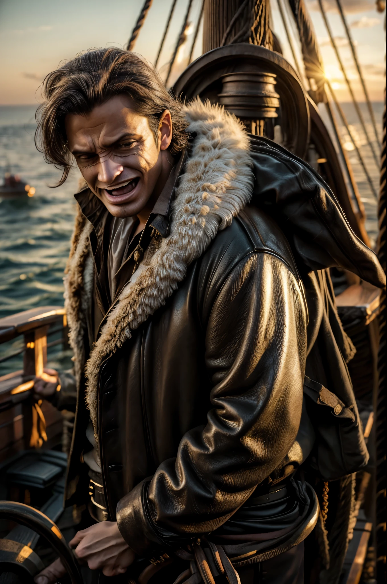 masterpiece, best quality, extremely detailed, hyperrealistic, photorealistic, a cool 40s man, ultra detailed face:1.2, fur-trimmed coat, scarf around the neck, his left hand is a golden pirate hook:1.1, on the ship, sunrise:1.1, cigar, laughing