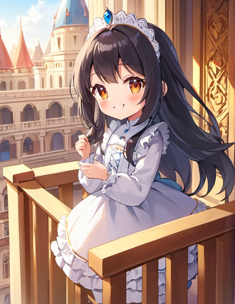 (chibi character:1.3), (nendoroid, faux figurines:1.2), small smile, (adolescence girl), (petite), (white detailed princess dress with many frills), frillt long sleeves, beautiful long straight hair, blunt bangs, black hair, palace balcony