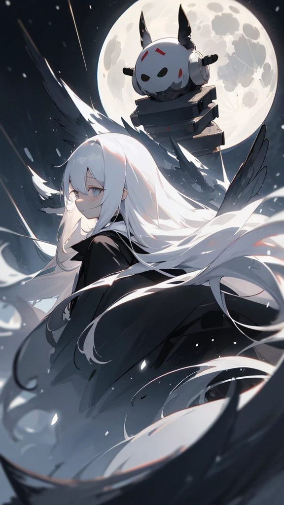 (masterpiece、highest quality)、Very long white hair、Very long white hairの女の1人、Black cardigan、Grim expression、Grey Eyes、Warm lighting、 Blurred foreground、night深く、High Contrast、night、In the city,it&#39;s snowing,Heavy snowfall,winter,Alone in the vast snowy field,whole body,curse,Facing forward,Huge construction,Flying with robot wings,Long Hair,真っ黒なnight,full moon,universe,Princess Kaguya,planet