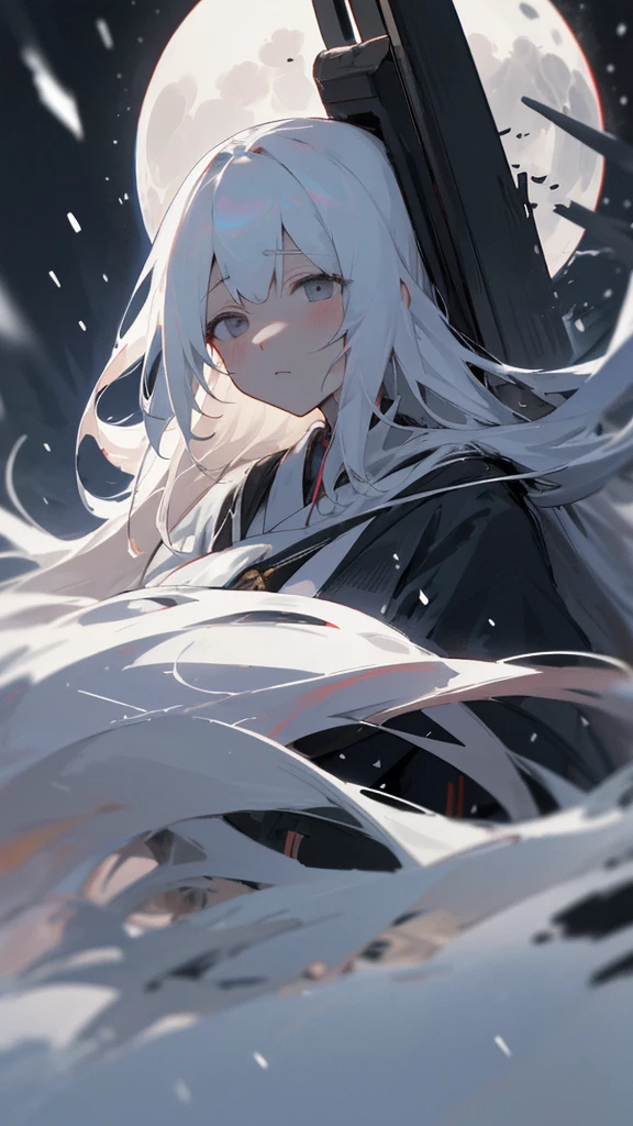 (masterpiece、highest quality)、Very long white hair、Very long white hairの女の1人、Black cardigan、Grim expression、Grey Eyes、Warm lighting、 Blurred foreground、night深く、High Contrast、night、In the city,it&#39;s snowing,Heavy snowfall,winter,Alone in the vast snowy field,whole body,curse,Facing forward,Huge construction,Flying with robot wings,Long Hair,真っ黒なnight,full moon,universe,Princess Kaguya,planet