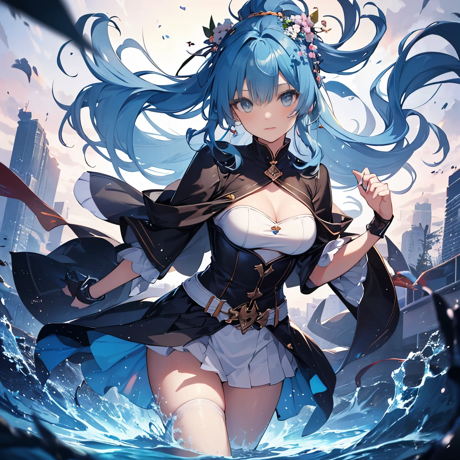(masterpiece), (highest quality), (Super detailed),(Disheveled Hair),(figure), (One girl), (Fashionable clothes), Are standing, Fashion Model, View your viewers, (interview), (Simple Background),Beautiful fine details, Delicate and beautiful face, floating,(High saturation),(Colorful splashes),Colorful bubbles,(The Shining), Focus on the face, ponytail, kamisato ayaka, Light blue hair, bangs, Hair Ring, Floating Flowers, Floating hair, (The Shining), Best lighting, Best Shadow,