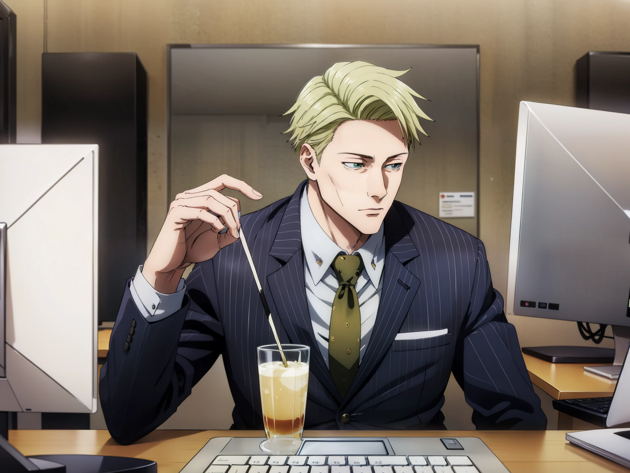 (masterpiece, best quality:1.2), Jujutsu kaisen style, (KentoNanami, NanamiBase), (1man, solo:1.1), upper body, (formal, business suit, pinstripe suit), (collared shirt, white shirt), red necktie, exhausted look, sitting in the office, desktop computer and monitor