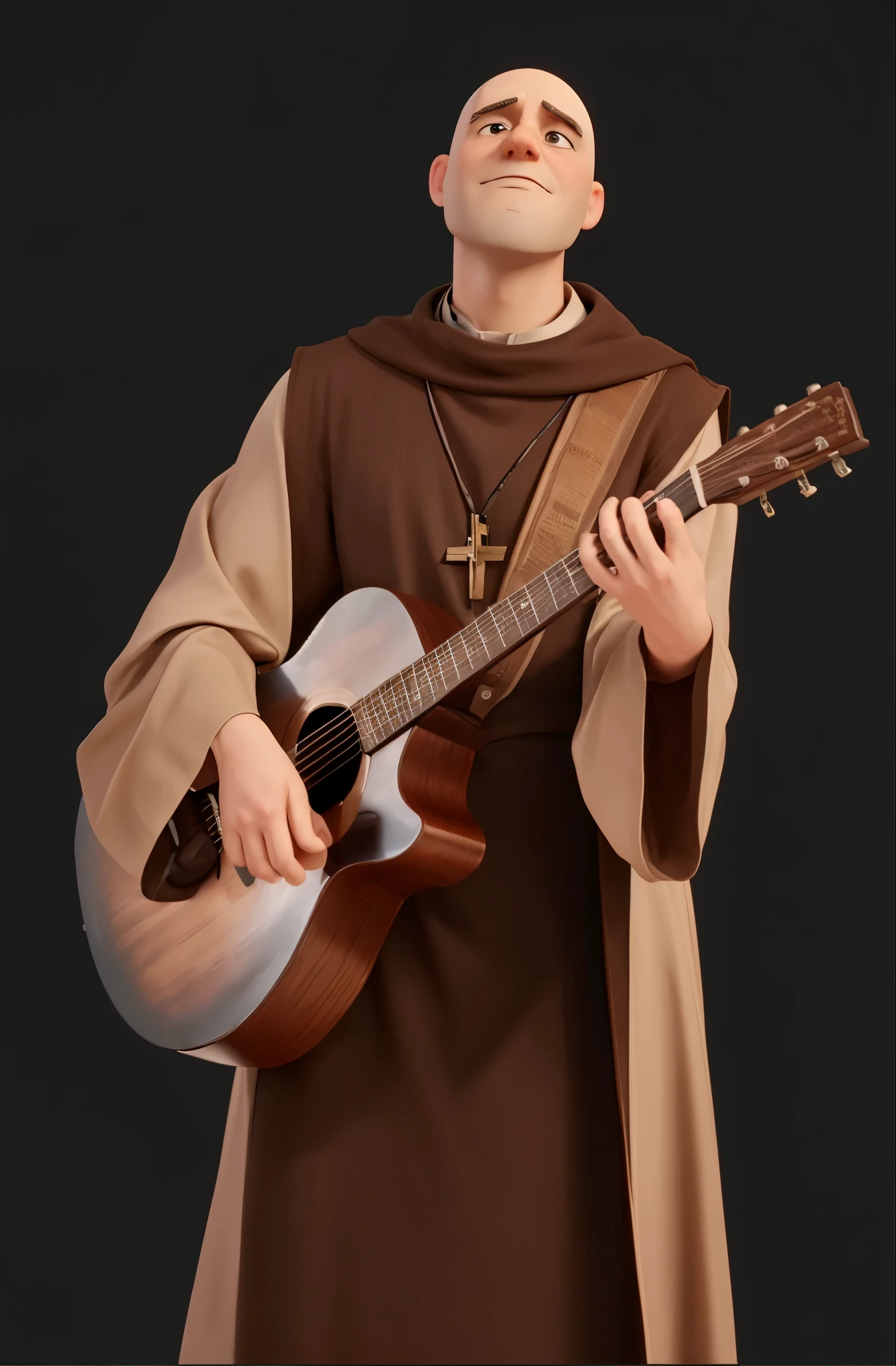 Father, Friar Gilson,
bald, brown eyes, a crucifix around his neck. wearing brown clothing, holding a guitar