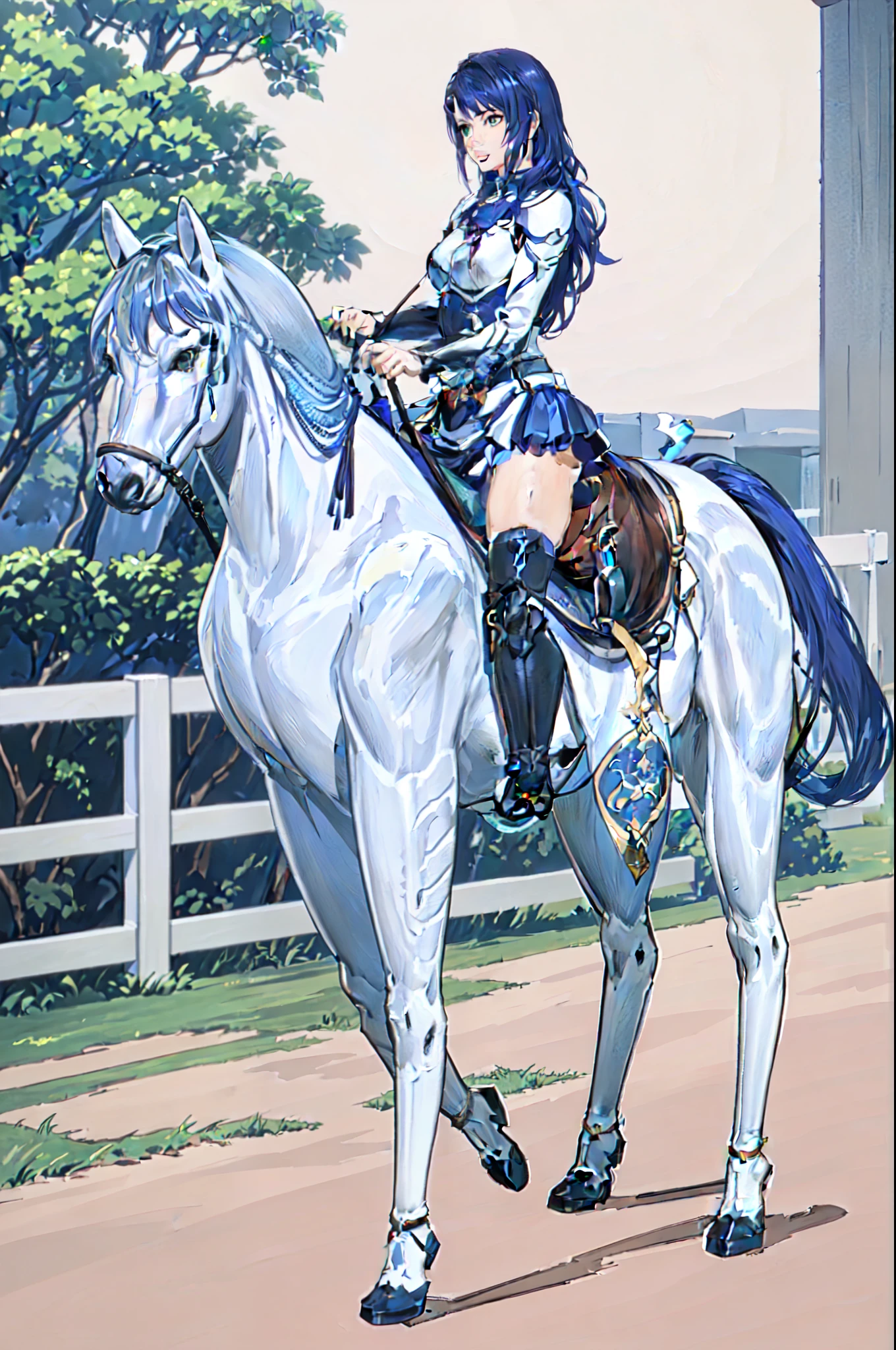 ((best quality)), ((masterpiece)), (detailed), 4k, realistic, perfect face, female knight, from side, long hair, female knight (blue armor, blue miniskirt, blue boots), horseback riding, horse riding, (white horse, saddle, stirups, reins: 1.5), walking: 1.5, beautiful forest, best scenery, from side, anatomically correct