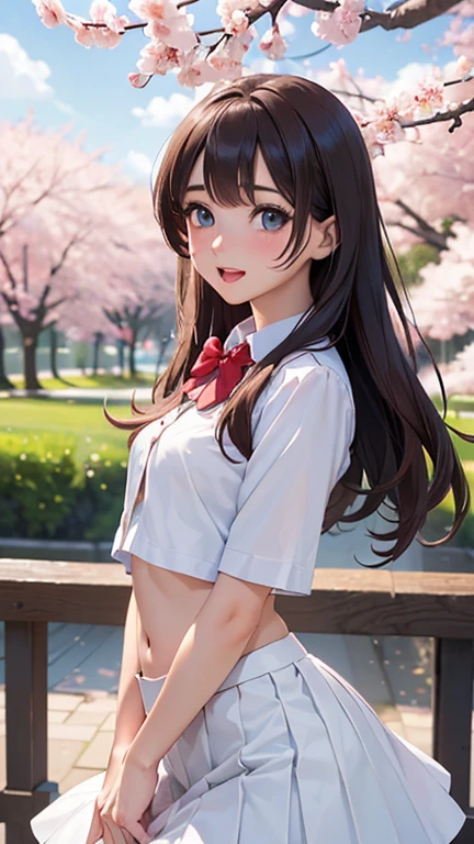 ((masterpiece, highest quality, High resolution, Hyper HD, Pixel perfect, Depth of written boundary, 4K, RTTX 10.0, High resolution))), One girl, single, alone, Beautiful Anime Girls, Beautiful art style, Anime Figures, ((Long Hair, bangs, Brown Hair, Curly Hair:0.8)), ((Light blue eyes:1.4, Round eyes, Beautiful eyelashes, Realistic eyes)), ((Detailed face, Blushing:1.2)), ((Smooth texture:0.75, Realistic texture:0.65, Realistic:1.1, Anime CG Style)), Medium chest, Dynamic Angle, Perfect body, ((viewing angle, Dynamic pose, Portraiture)), ((Red bow tie, , white thin shirt、Belly button, White thin short skirt)), whole body、smile, Open your mouth, amusement park, ((Cherry tree, Cherry blossoms fall)), Natural light, Bright sky, sunlight