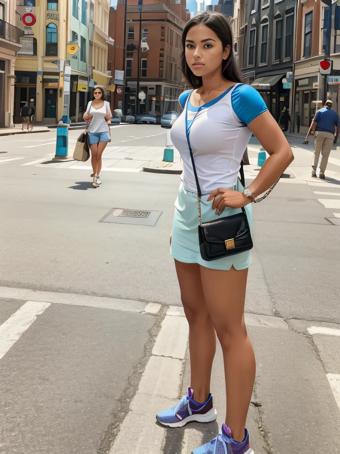 woman standing in the middle of a street with a purse on her shoulder, standing in a city center, standing in street, standing in a city street, standing in the street, full body length shot, full body wide shot, standing on street corner, running in savannah, mid 2 0's female, standing on the street, fit pic