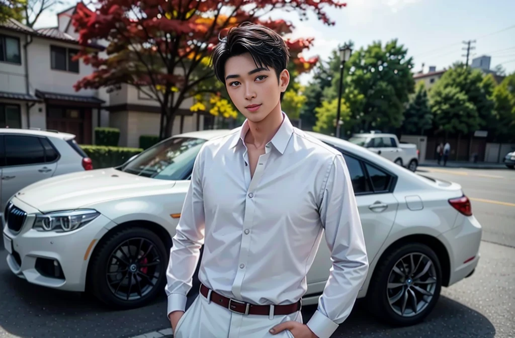 (( big eyes and keep eyes contact ))(( real photos))((highest quality))The light on the face is natural and realistic(( Smile and comfortable )) (One wearing a white shirt、Asian man in suit and tie,Age 28.Height 182 cm)、best quality、masterpiece、Ultra-high resolution、(Photo realism:1.4)、Full body image、(A young handsome man in a suit standing on the street outdoor、Standing under the red maple tree、Red and big maple leaves、delicate leaves、branch details)、(A white BMW car next to the man、Man's hands on car roof)Octane Rendering、8K、Super sharp、realistic light、(There is only one car on the street、man's big shining eyes、looking in the direction of the camera)、、Ultra high quality、tall gentleman、very beautiful hair、Bright photos、As handsome as a model、As handsome as an idol,Professional profile photo, Professional portrait photos、Realistic portrait photos, Detailed color portrait, Portrait of an idol, High quality full body portrait photos.