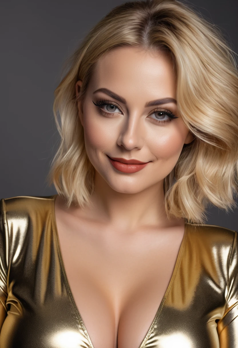 hyperrealistic beautiful busty 30-year-old women in shiny golden jumpsuit, model shooting mugshot photography, dyed blonde classic bob, dark eye makeup with eyeliner, seductive smile, 8K, best quality, Meisterwerk, ultra high resolution, (Realismus: 1.4), Originalfoto, (realistische Hautstruktur: 1.3), (Filmkorn: 1.3), (Selfie-Winkel), 1 girl, Beautiful eyes and facial details, Meisterwerk, best quality