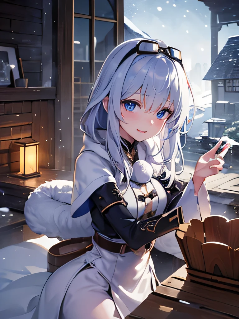 ((Very detailed)), 4K, ((Cinema Lighting)), close, Fantasy World, Cobblestone city, wooden stone house, snow, market, Market stalls, Adult female, dirty, guard,whitish hair color,Goggles on head, blue eyes, ((Beautiful Eyes)), Happy expression, Have a cannon,White fluffy coat