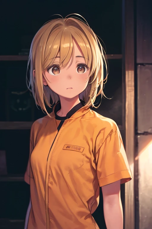 ((realism)), extremely high quality RAW photograph, Detailed Background, Complex, Messy Hair, Exquisite detail and texture, Very detailed, photograph (Allison Mack) In a prison cell, (wearing orange prison uniform:1.3), Looking away from the camera, 超詳細なphotograph, Warm lighting, Art Station, 4K, Sharp focus, High resolution, Detailed skin, Fine grain, 8K Ultra HD, Digital SLR, Low strong lighting, high quality, Film Grain, Fujifilm XT3, sad:1.3