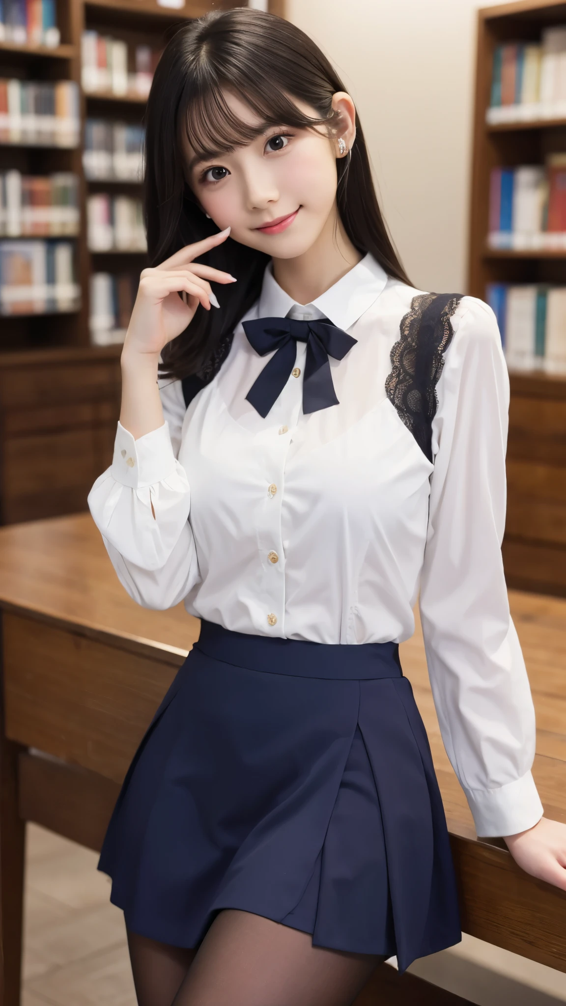 1 girl、A beautiful girl with her black hair up is staring at me..、Please smile just a little、Idol level cuteness、Baby Face、Pick up your long skirt with both hands.、Show me your pants、thin、Big Breasts、Healthy Thighs、Navy Blue Blazer、white blouse inner、Navy long skirt、Black lace panties、Black Pantyhose、at the library、Knee-length、Cowboy Shot、Anatomically correct、Accurate Fingers、Accurate Rimbuster Piece、Accurately drawn faces、Photographic reality、