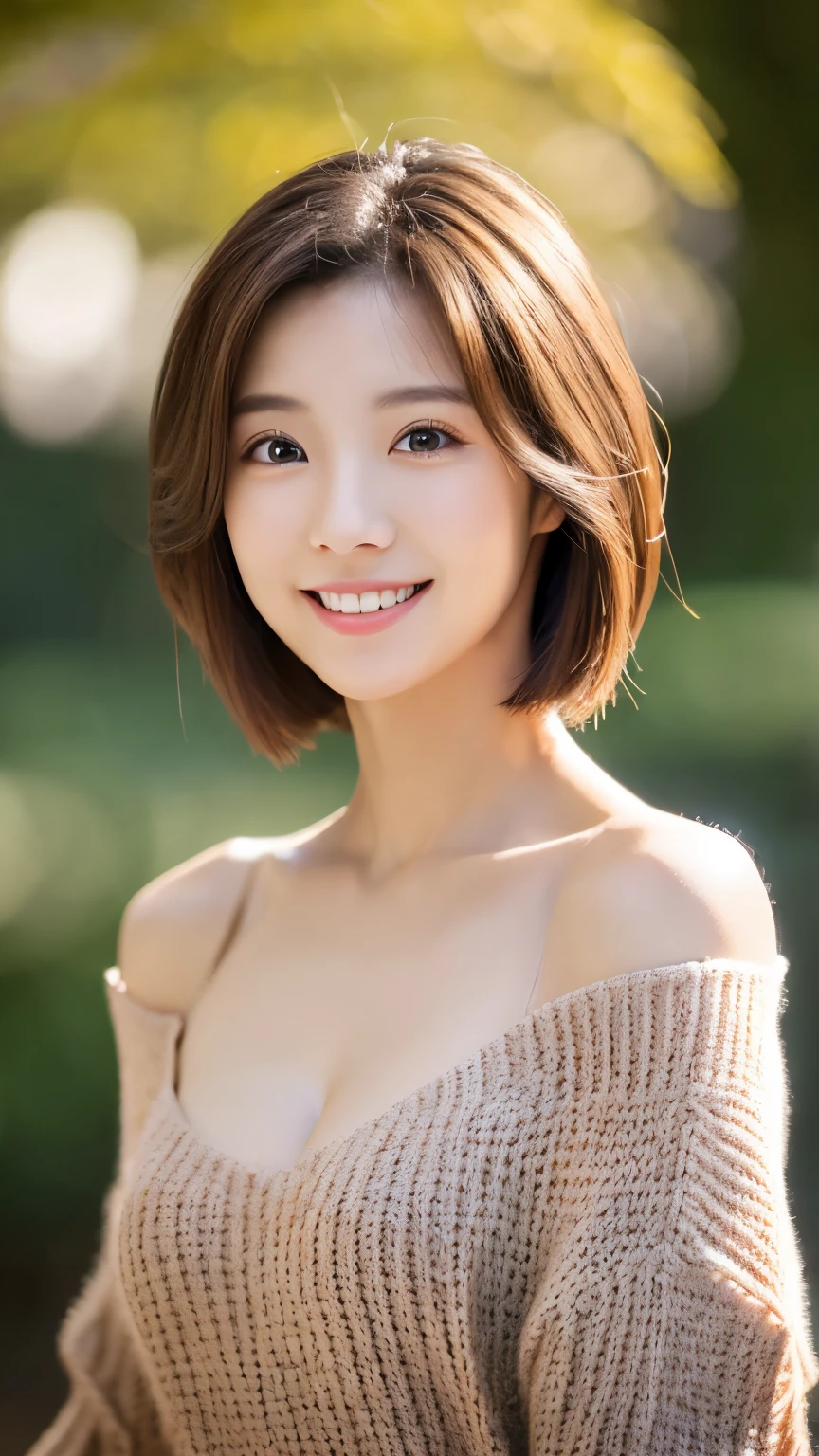 (masterpiece:1.3), (8K, Photorealsitic, Raw photography, Top image quality: 1.4), Japan high school girls、(Random hairstyles:1.2)、cleavage of the breast:1.2、Super Detail Face、Eye of Detail、double eyelid、Bring your chest together、sharp focus:1.2、prety woman:1.4、light brown hair、top-quality、masterpiece、超A high resolution、(Photorealsitic:1.4)、Highly detailed and professional lighting smile、Loose and light knitwear、Shoulder out、slender、serious facial expression、short-haired、Fatal position