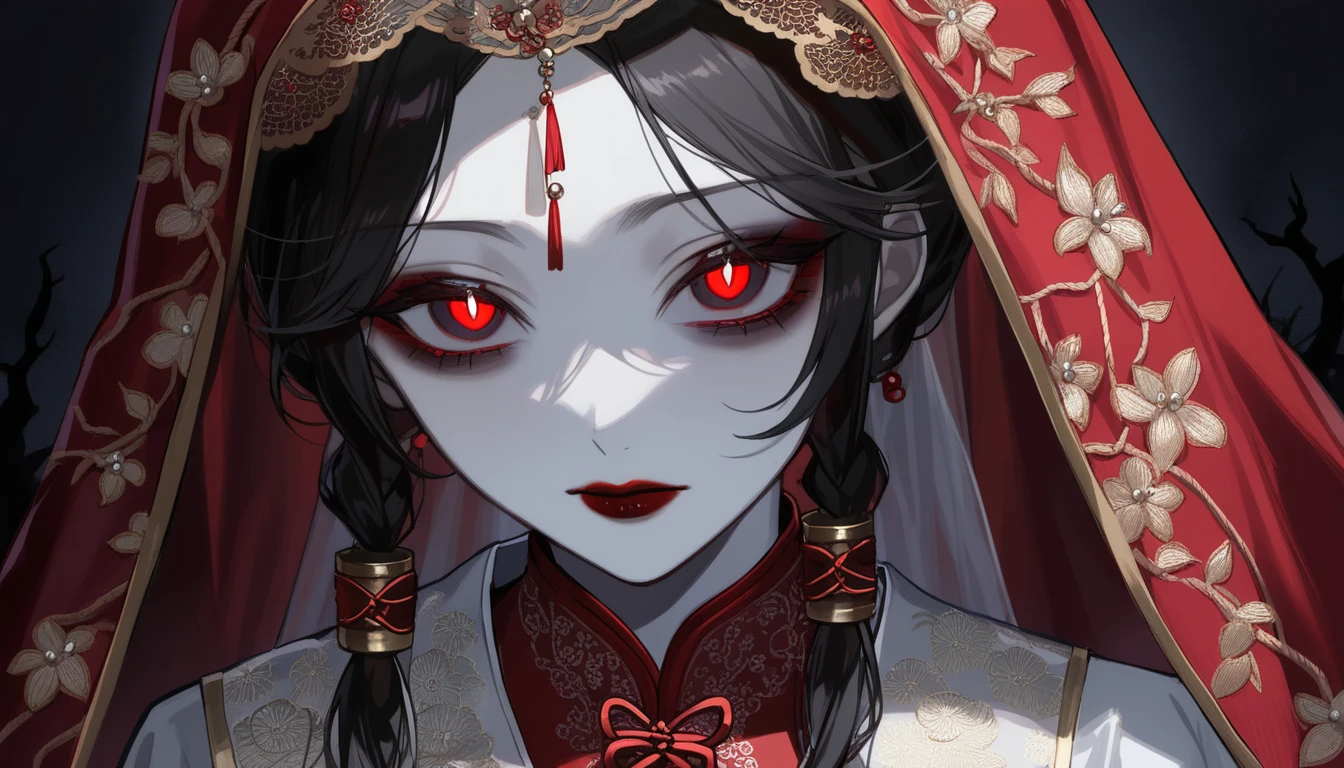 darkness,Chinese horror,female,pale skin,red lipstick,traditional clothing,dark background,red rope,mysterious expression,close-up portrait,embroidered fabric,eerie atmosphere,ominous mood,supernatural elements,white pupils,ghostly bride,red wedding dress,red veil,color, (amazing quality:1.5), masterpiece