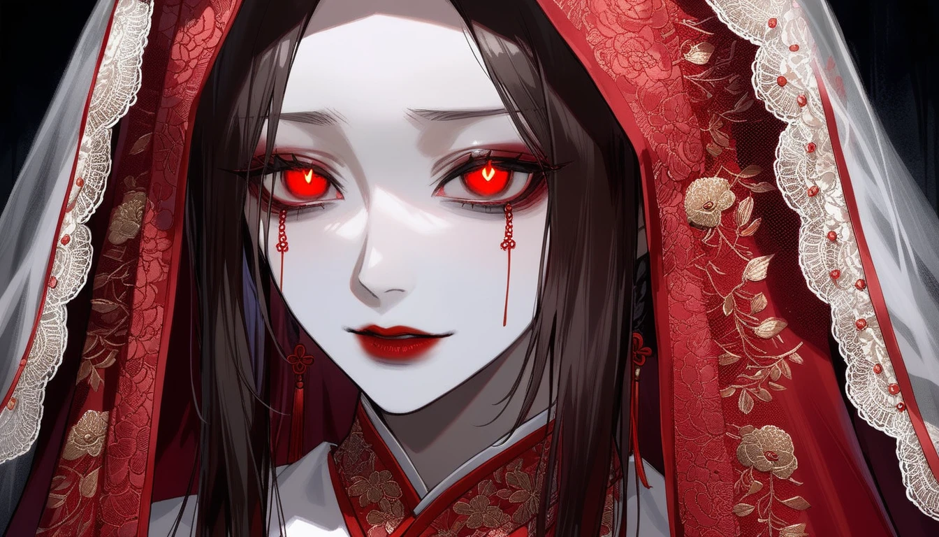 darkness,Chinese horror,female,pale skin,red lipstick,traditional clothing,dark background,red rope,mysterious expression,close-up portrait,embroidered fabric,eerie atmosphere,ominous mood,supernatural elements,white pupils,ghostly bride,red wedding dress,red veil,color, (amazing quality:1.5), masterpiece