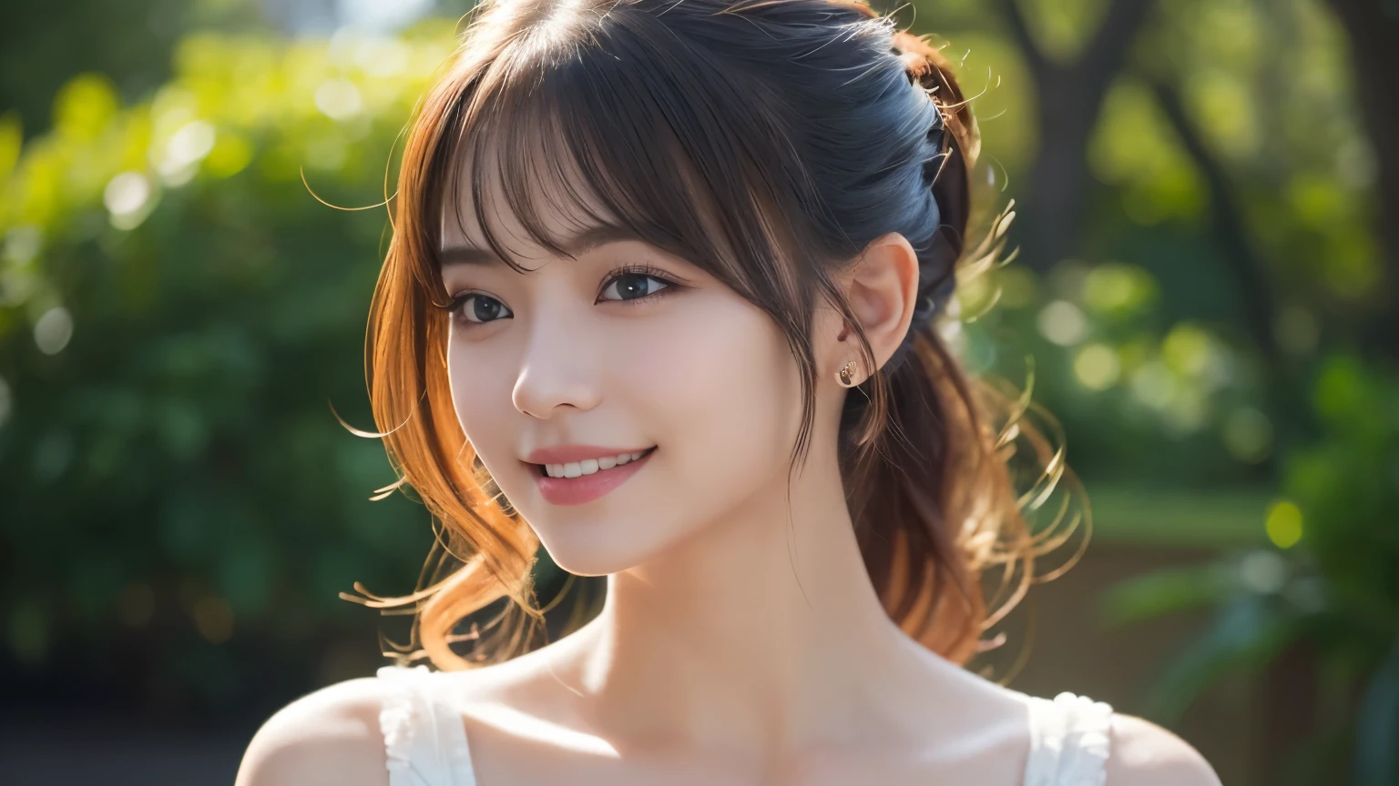 (One girl:1.5),(8k, RAW Photos, highest quality, masterpiece:1.2), (Realistic, photo-Realistic:1.4), (Highly detailed 8k wallpaper), Sharp focus, Depth of written boundary, Blur the background, Bokeh,Sitting on the bed,(Japanese women),20-year-old woman,ponytail,(Well-proportioned body type:1.5),(Full nudity),(View Viewer),((Super Fine Face)),(whole bodyが映し出された),smile,(whole body)
