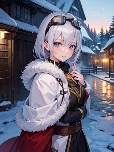 ((Very detailed)), 4K, ((Cinema Lighting)), close, Fantasy World, Cobblestone city, wooden stone house, snow, market, marketの屋台, Adult female, dirty, guard,whitish hair color，Wear large goggles with round lenses on your head, blue eyes, ((Beautiful Eyes)), Happy expression, snow玉を持っている，white fluffy fur
