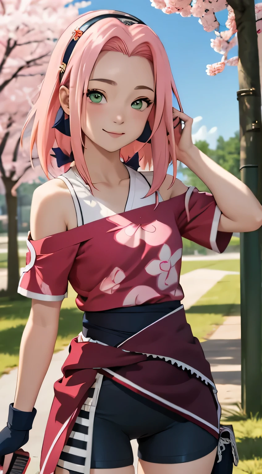 masterpiece, Best quality at its best, 1 girl,(open waist:1.5) ,Sakura Haruno, small breasts,Off-the-shoulder clothing,(split),(upper body close up),raised sexy,shy,smile,with pink hair, long pink hair, (Green Eyeballs:1.4), Forehead Protection, cherry trees,Cherry blossoms flying,,tight black bike shorts