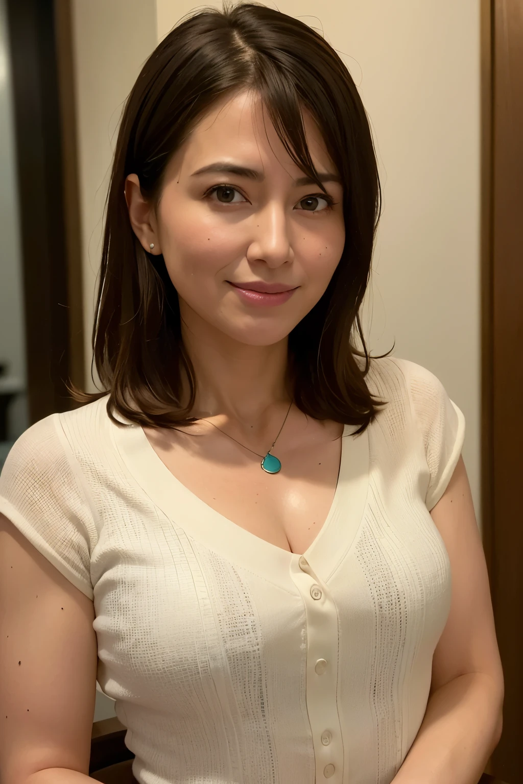 (In 8K, highest quality, masterpiece:1.2), (Realistic, Photorealistic:1.37), Ultra-detailed, Natural light, Medium chest, I can see her cleavage, 1 person, 35-year-old woman, Black Hair, pendant, Turquoise Light Knit V-Neck Shirt, Highly detailed face and skin, Detailed eyes, Highly detailed face and skin