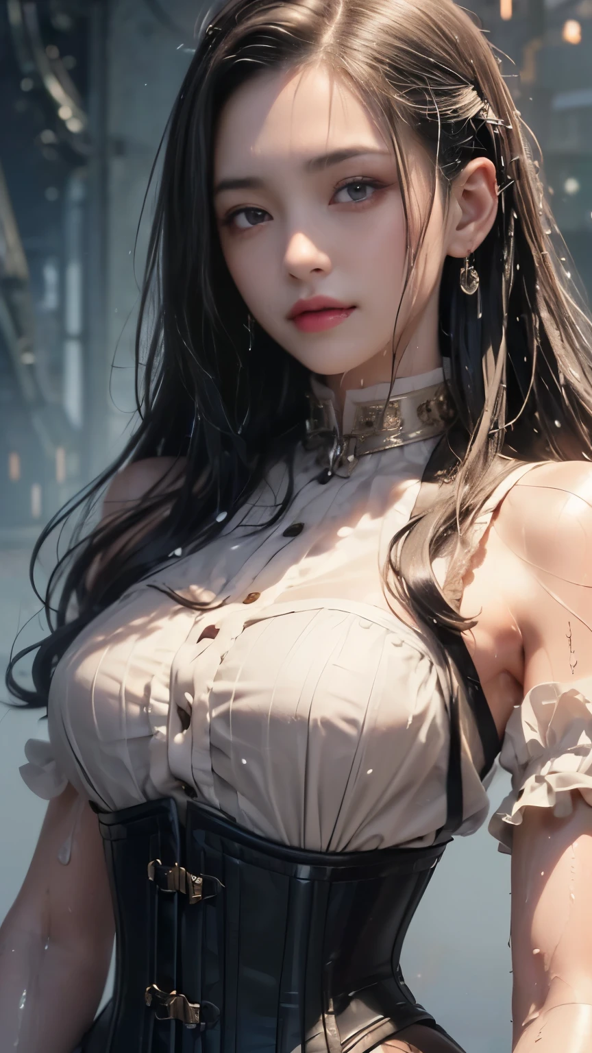 (((masterpiece)))、((highest quality))、(Very detailed)、(CG illustration)、(so beautiful ))、Cinematic Light、(((1. Mechanical Girl)))、 SF、Apocalypse、Erotic and grotesque、(Beautiful and luxurious:1.2)、(1 girl:1.3)、Look forward, (Double-breasted,Underbust:1.2), Button gap,(((Corset belt))),(((high waist mile((Wet with sweat))、Very large breasts、Small waist、