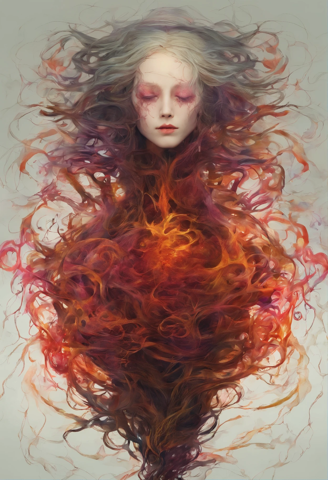((masterpiece)), ((Best quality, a high resolution, ultra detailed)), (Dynamic angle), (((1 Man))), (((Man))), ((Wild hair)), albino, porcelain skin, dark fantasy art, black clots of energy, black threads hold the body, curse, black veins, ;Light passes through the body, ((Super multiple exposure, in which the background passes through the body)), атмосфера готического horrorа, ashes and blood, white long hair, Red eyes, Bloody particles, white kimono, Black background, darkness, horror, black smoke, Black Web, dark fantasy, surrealism, dark developing strips of fabric, ring, studio lighting, horrorтик, creepy atmosphere, Swirling fog, ethereal glow