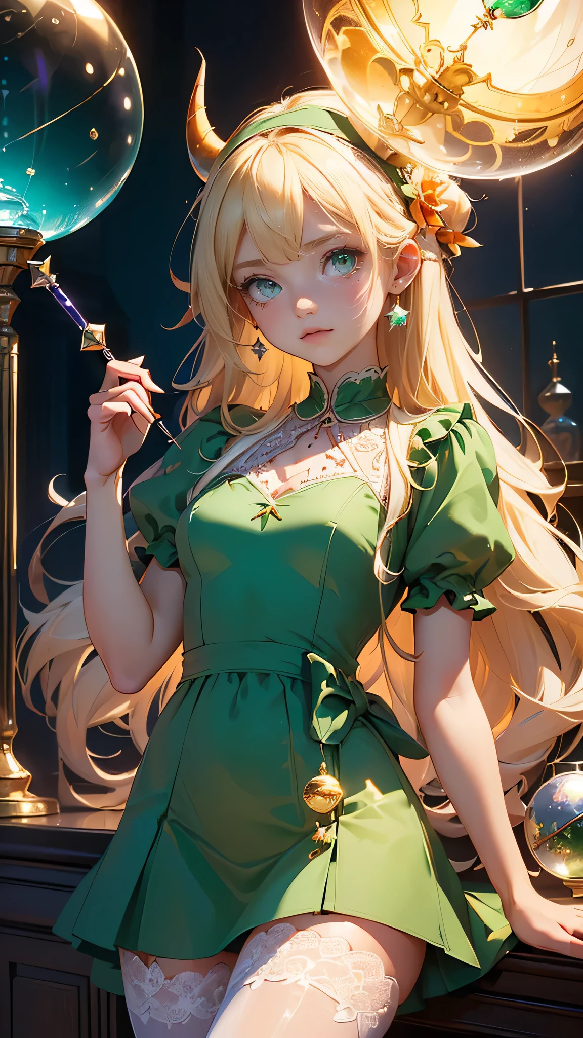 (masterpiece), (highest quality), (Very detailed),(Disheveled Hair),(shape), (One Girl), (Fashionable clothes),((Blonde Long Hair)), ((Red small horned headband)), ((Emerald green, Pastel colored short sleeve one piece dress, White lace at the hem)), She is wearing purple and orange striped tights., (Star mark in a glass ball)), ((The magic wand has a glass ball on the end.)), ((There is a bird feather growing next to the glass ball.)), ((There is a small crown on top of the glass ball.,)), NSFW,