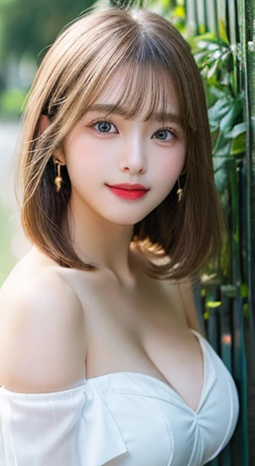 highest quality、High resolution、8K、delicate、Dynamic composition、(Beautiful 20 year old girl:1.5)、(blonde hair:1.3)、(Smooth and shiny hair:1.2)、(Large clear blue eyes:1.2)、(White skin:1.2)、(Large Breasts:1.2)、(Cleavage:1.2)、(semi-long:1.1)、(bangs)、(Wearing a black off-the-shoulder outfit)、Cafe、Shiny earrings、Pink Lips、double eyelid、Long eyelashes、smile、front、looking at the camera、Upper Body、cute、sexy、Slender body