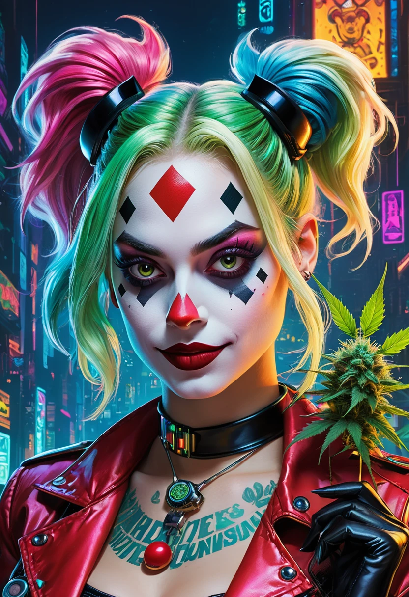 ((top-notch quality)), ((masterwork)), Subject: Cyberpunk Harley Quinn, Action: Smoking cannabis goodness, Artist: Louis Wain, Style: Cyberpunk, Cannabis-inspired, DMT, Artegem, Medium: Digital Rendering, Category: Comic Book Art, Color Palette: Vibrant, Cyberpunk, Cannabis-inspired, DMT, Digital Graphics: Ethereal Patterns, Transcendence, Resolution: High-Res, Positive Prompt: Create a ((top-notch quality)), ((masterwork)), ((true-to-life)) digital rendering that features the iconic character Harley Quinn from DC in a captivating cyberpunk setting. Illustrate her enjoying cannabis goodness while seamlessly incorporating elements of the cyberpunk, cannabis-inspired, DMT, Artegem, and chiaroscuro styles. Employ Louis Wain's artistic vision to construct the environment. Pay meticulous attention to high levels of detail and vibrant colors, infusing the composition with the essence of cyberpunk aesthetics. Include cannabis-inspired and DMT elements to create an ethe, Chiaroscuro, 4K, 4K, 1080P