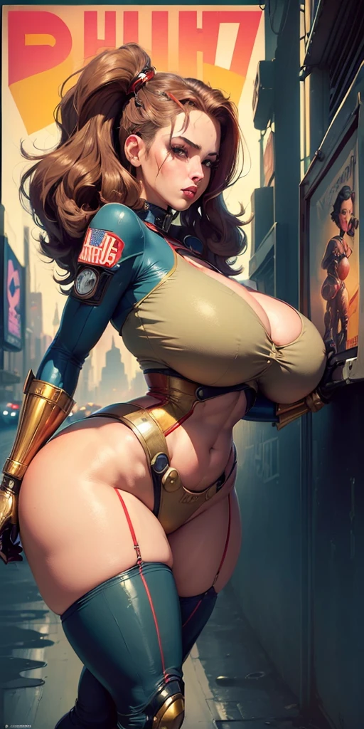 American World War II poster, Gil Elvgren style ((USA Poster, American Poster)) (((A young woman with straight dark hair long size up to her waist in superhero pose))) ((detailed outfit entirely red with gold)) (cars in the background of the image) (((robotic left arm)) (((cyberpunk arm))propaganda Poster, hero uniform, 1 girl, solo, good body, poster design,  poster art style. 1980s, 1950s, 1960s, 1940s, basic color scheme, very colorful poster, colorful art, third rule, inspiring, woman, 1 25-year-old girl, hair blowing in the wind, looking at the viewer, blurred background, thick legs, green eyes, (wide hips:1.2), (bbw:1.2), (huge breasts:1.3),