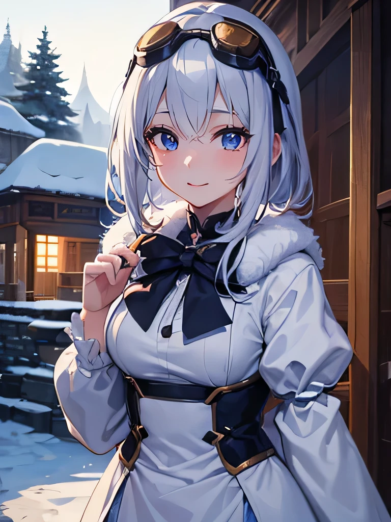 ((Very detailed)), 4K, ((Cinema Lighting)), close, Fantasy World, Cobblestone city, wooden stone house, snow, market, Market stalls, Adult female, dirty, guard,whitish hair color,Wear large goggles with round lenses on your head, blue eyes, ((Beautiful Eyes)), Happy expression, Have a snowball,white fluffy fur
