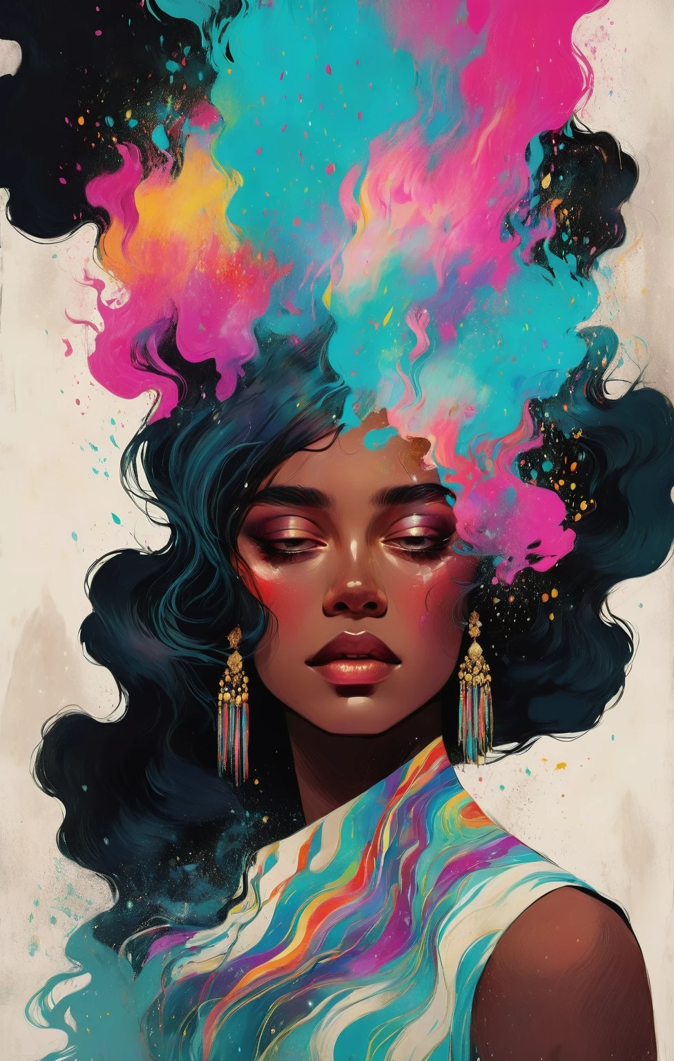 chiaroscuro technique on sensual illustration of an elegant queen (((long hair with bangs:1.4、Beautiful bangs) , vintage ,silky dress, matte painting, by John Singer Sargent, by Harumi Hironaka, abstract background, (upper body:1.5), Rainbow rain, highly detailed, digital artwork, high contrast, dramatic, refined, tonal, an intimate, seductive studio setting with a focus on sensuality and romance. Utilize soft, warm lighting that bathes the space in a gentle, inviting glow. Incorporate luxurious fabrics, plush furnishings, and a touch of decadence to evoke an opulent ambiance. The scene should exude an air of serenity and anticipation, inviting the viewer into a sensual and romantic space