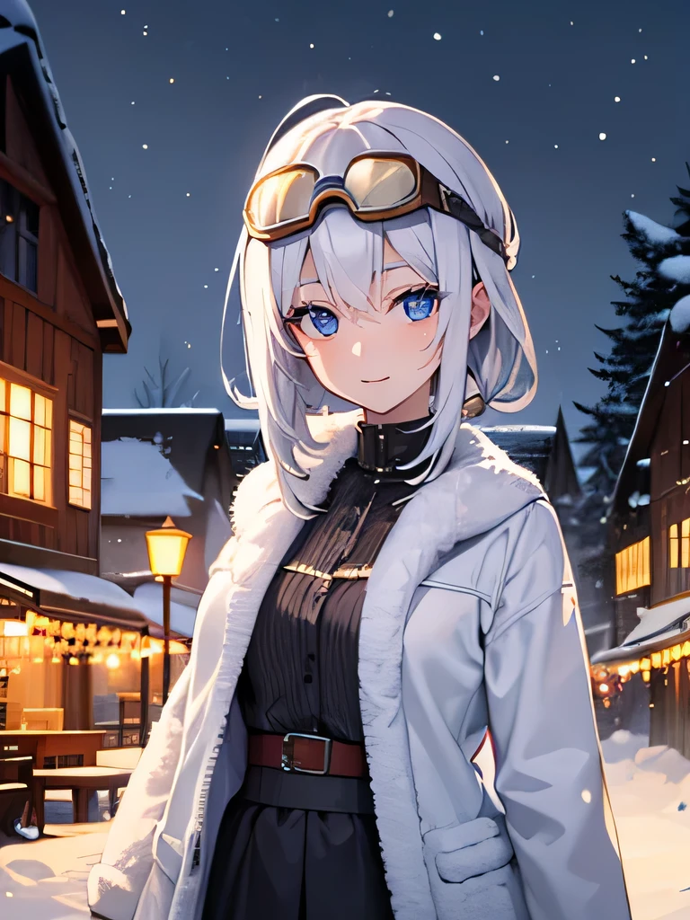 ((Very detailed)), 4K, ((Cinema Lighting)), close, Fantasy World, Cobblestone city, wooden stone house, snow, market, Market stalls, Adult female, dirty, guard,whitish hair color,Wear large goggles with round lenses on your head, blue eyes, ((Beautiful Eyes)), Happy expression, Have a snowball,white fluffy fur