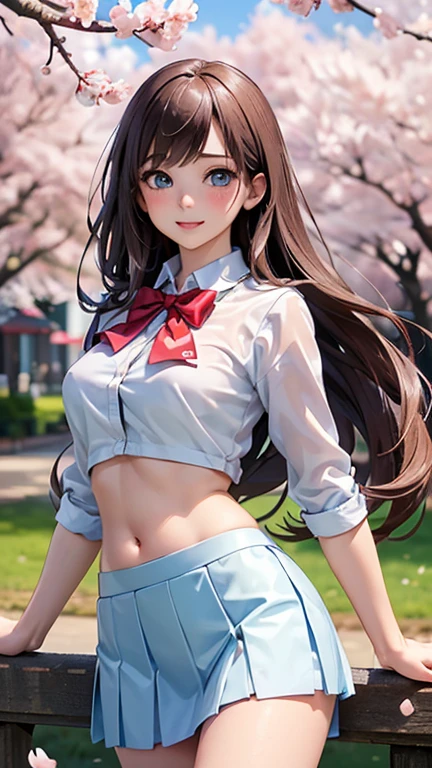 ((masterpiece, highest quality, High resolution, Hyper HD, Pixel perfect, Depth of written boundary, 4K, RTTX 10.0, High resolution))), One girl, single, alone, Beautiful Anime Girls, Beautiful art style, Anime Figures, ((Long Hair, bangs, Brown Hair, Curly Hair:0.8)), ((Light blue eyes:1.4, Round eyes, Beautiful eyelashes, Realistic eyes)), ((Detailed face, Blushing:1.2)), ((Smooth texture:0.75, Realistic texture:0.65, Realistic:1.1, Anime CG Style)), Medium chest, Dynamic Angle, Perfect body, ((viewing angle, Dynamic pose, Portraiture)), ((Red bow tie, ,A thin, see-through white shirt、Belly button, White thin short skirt、Beautiful thighs)), (whole body:1.4)、smile, Open your mouth, amusement park, ((Cherry tree, Cherry blossoms fall)), Natural light, Bright sky, sunlight