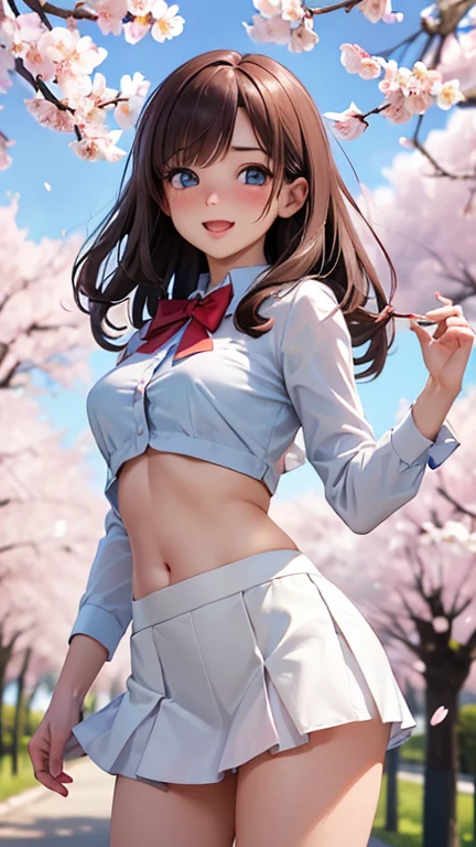 ((masterpiece, highest quality, High resolution, Hyper HD, Pixel perfect, Depth of written boundary, 4K, RTTX 10.0, High resolution))), One girl, single, alone, Beautiful Anime Girls, Beautiful art style, Anime Figures, ((Long Hair, bangs, Brown Hair, Curly Hair:0.8)), ((Light blue eyes:1.4, Round eyes, Beautiful eyelashes, Realistic eyes)), ((Detailed face, Blushing:1.2)), ((Smooth texture:0.75, Realistic texture:0.65, Realistic:1.1, Anime CG Style)), Medium chest, Dynamic Angle, Perfect body, ((viewing angle, Dynamic pose, Portraiture)), ((Red bow tie, ,A thin, see-through white shirt、Belly button, White thin short skirt、Beautiful thighs)), (whole body:1.4)、smile, Open your mouth, amusement park, ((Cherry tree, Cherry blossoms fall)), Natural light, Bright sky, sunlight